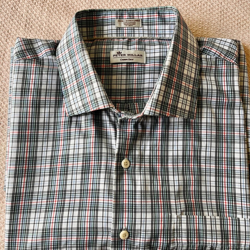 Peter Millar Mens Large Plaid Short Sleeve Button Up Dress Shirt Purple Blue